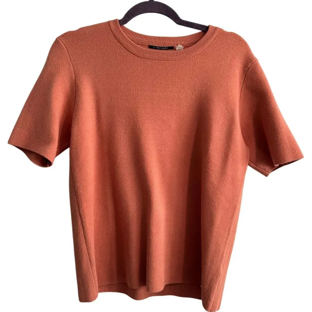 T Tahari burnt orange short sleeve pullover sweater transitional classic